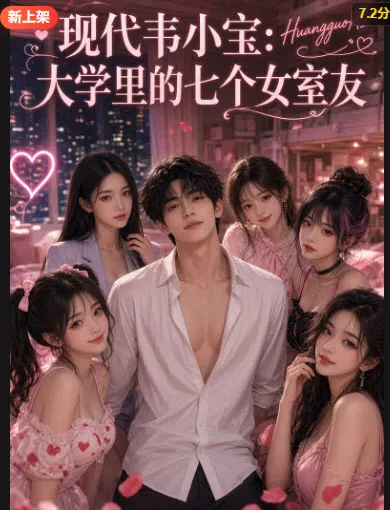 校园合租题材短剧海报，标题为现代韦小宝：大学里的七个女室友